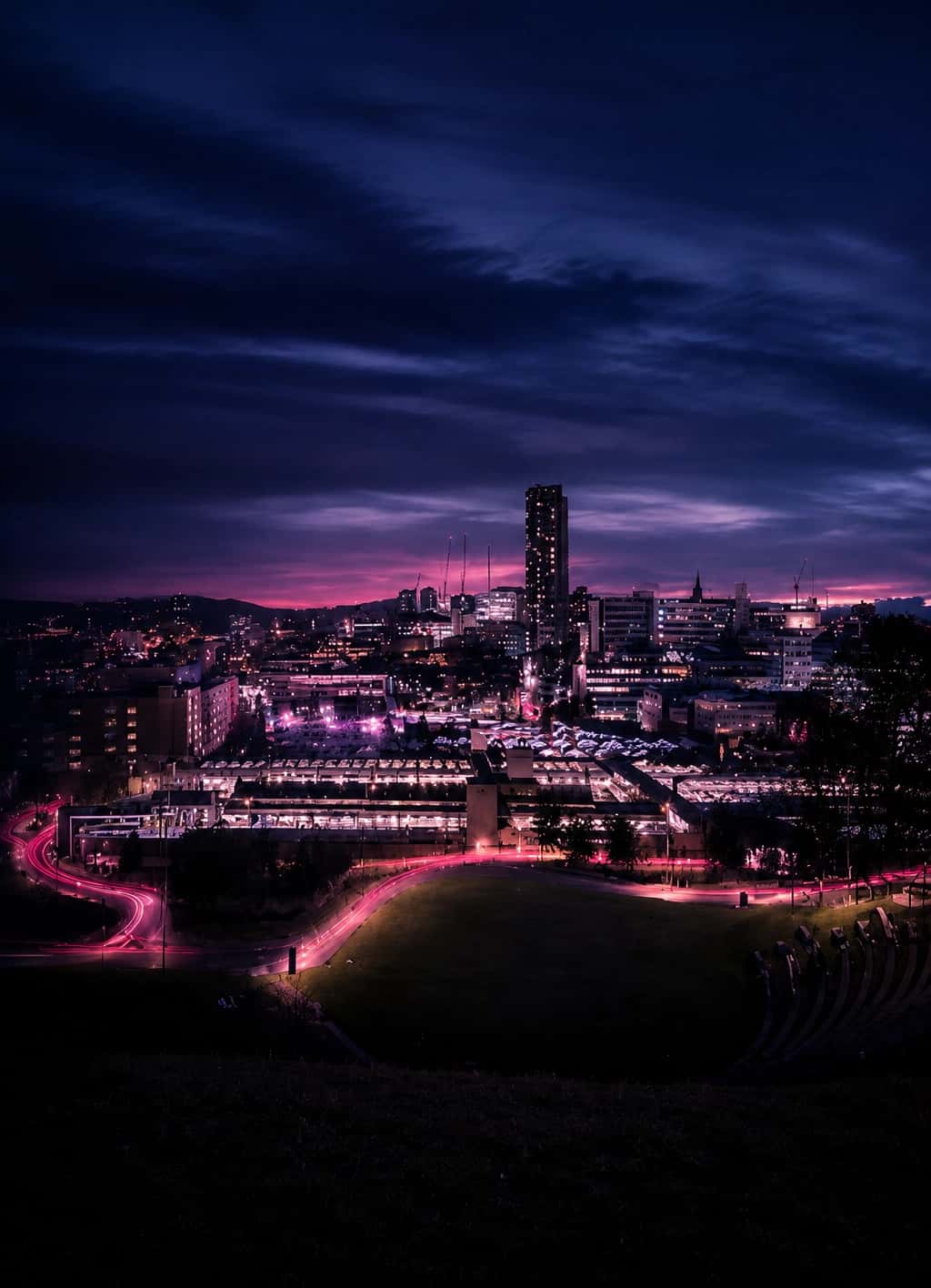 Sheffield city streets lit up at night — Empire outcall coverage area